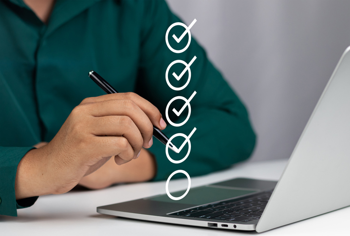 Digital Checklists for efficient business management, Businessman touching marking on checklist to assessment and Future Success, Streamlining operations with online surveys for future satisfaction.